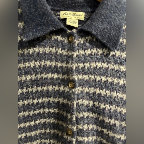 Eddie Bauer Navy Charcoal 100% Wool Collared Cardigan Fall Heritage Fisherman - Picture 4 of 7
